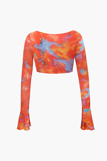 Tie Dye Knot Bell Sleeve V-neck Crop Top And Mini Skirt Set