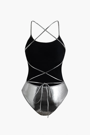 Tummy Control Metallic Backless Criss Cross One-Piece Swimsuit