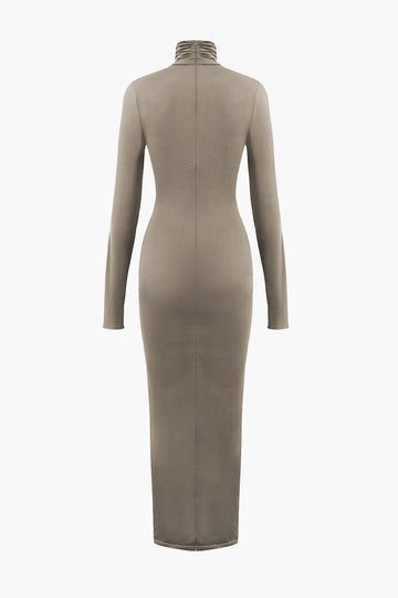 Wrap Ruched High Neck Long Sleeve Maxi Dress