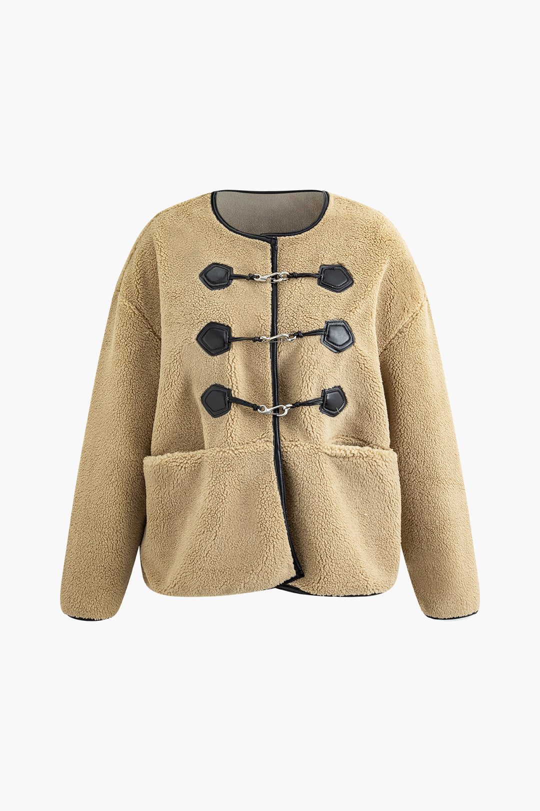 Fleece Round Neck Metal Buckle Coat