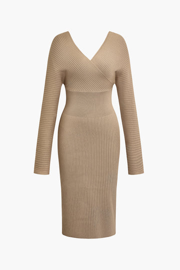 Solid Cross V-neck Long Sleeve Sweater Dress