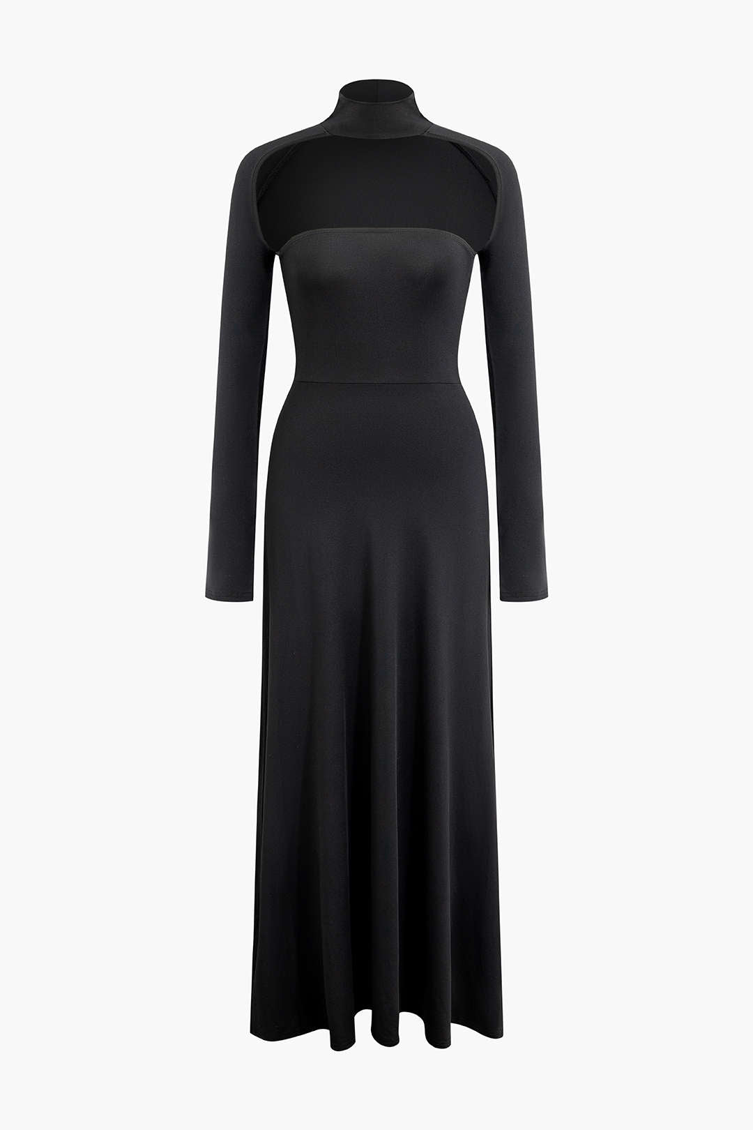 Cut Out Mock Neck Long Sleeve Pleated Maxi Dress