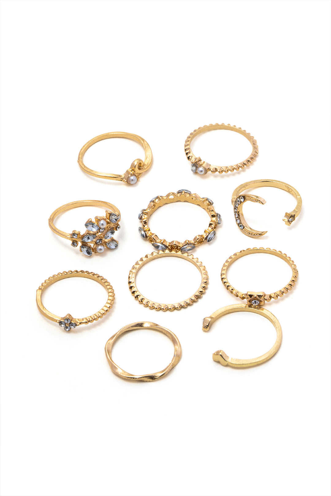 Set of 10 Pc Rhinestone Open Rings