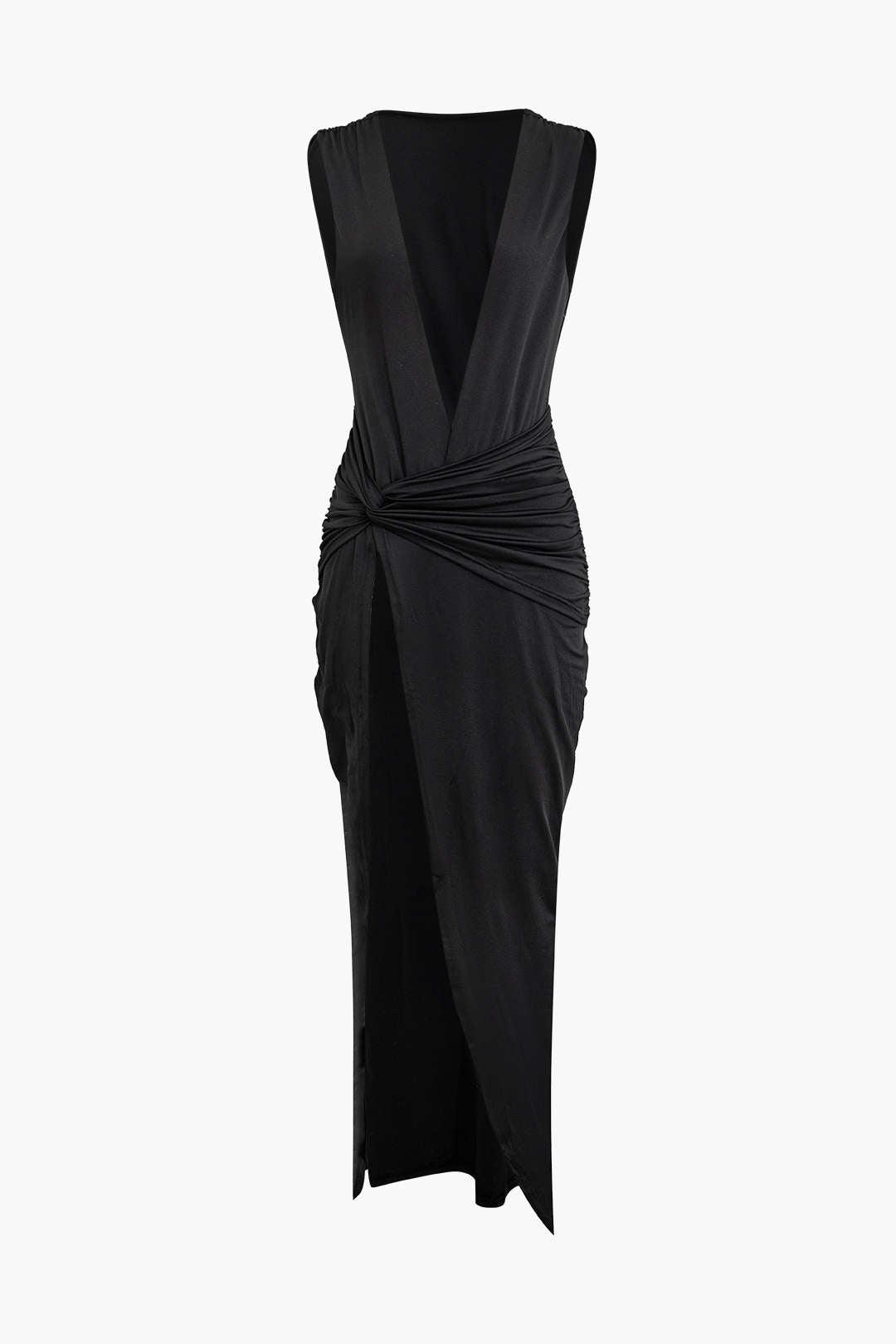 Wrap Ruched Slit Deep V-neck Sleeveless Maxi Dress