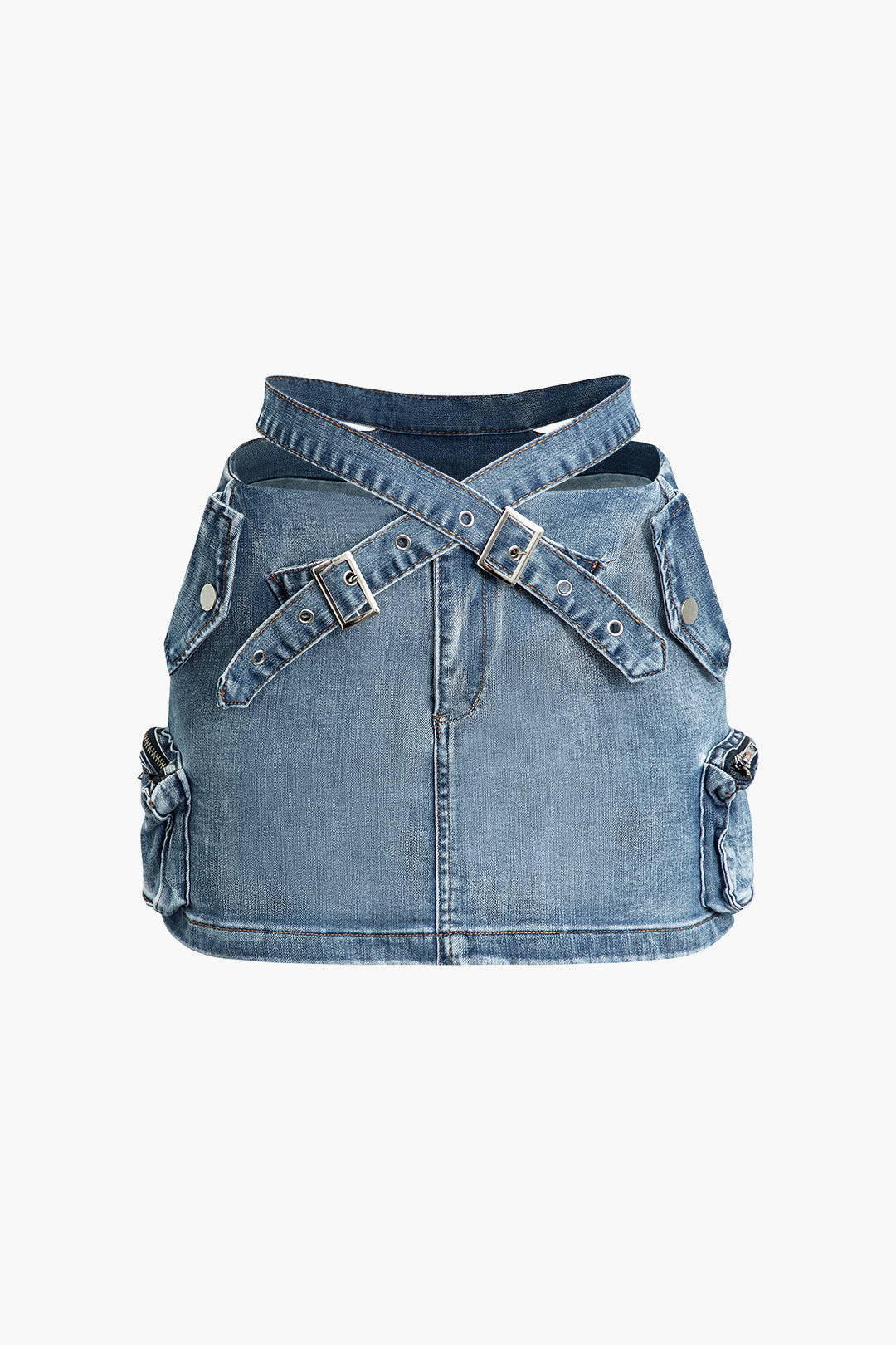 Cross Buckle Belt Denim Mini Skirt