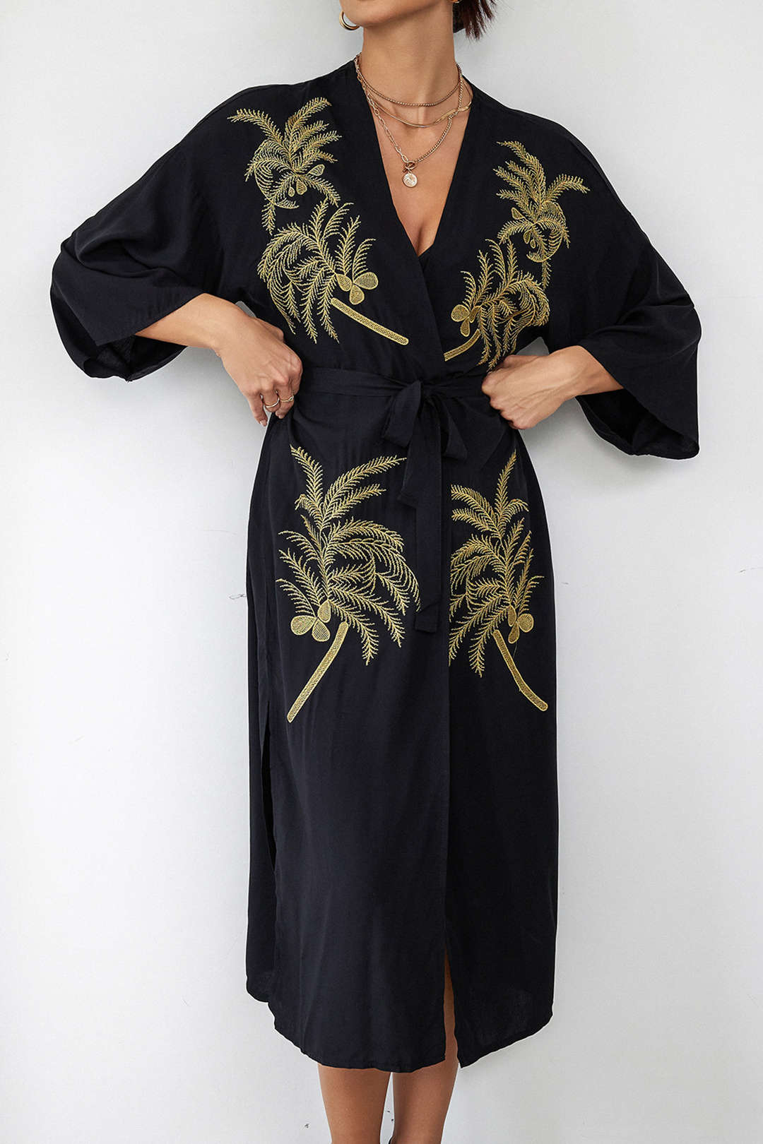 Coconut Tree Embroidery Belted Cover Up