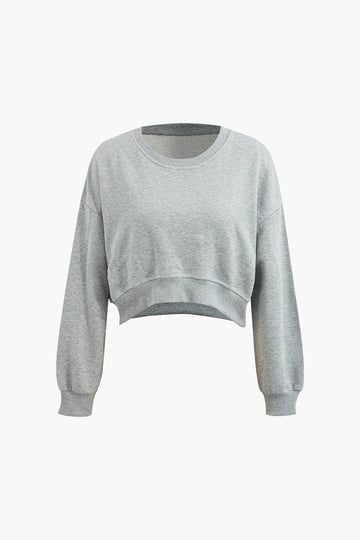 Ribbed Trim Round Neck Long Sleeve Crop Sweatshirt