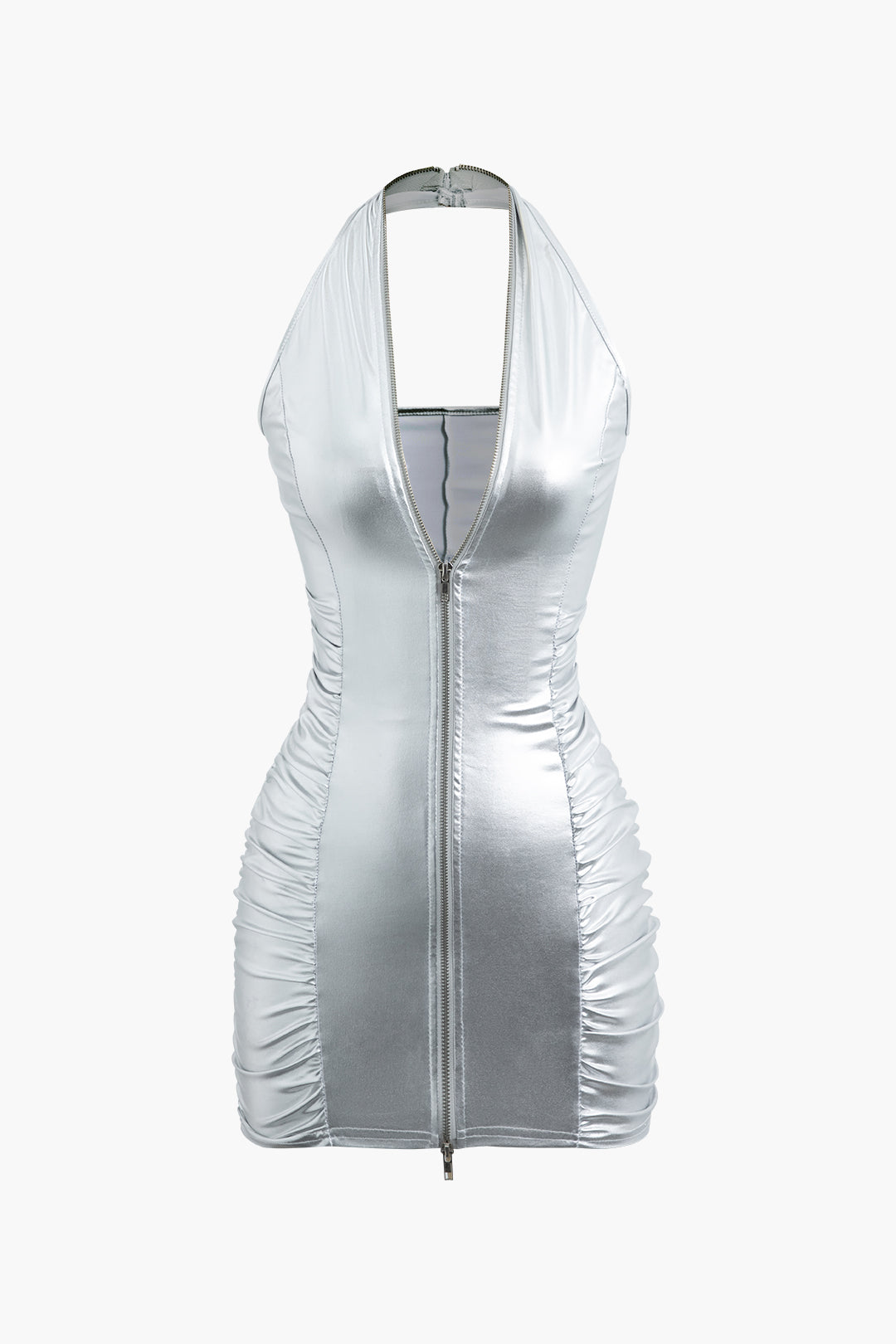 Metallic Halter Zip Up Ruched Mini Dress