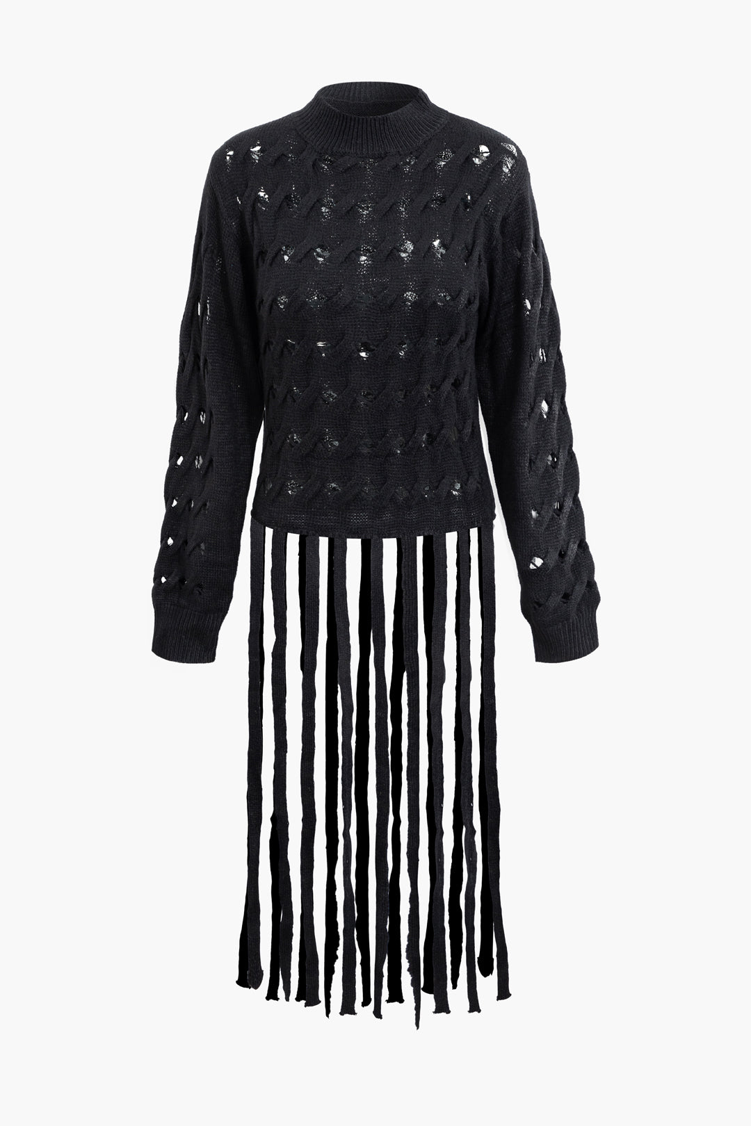 Mock Neck Cut Out Braided Texture Fringe Knit Top