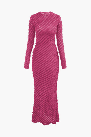 Textured Round Neck Long Sleeve Maxi Dress