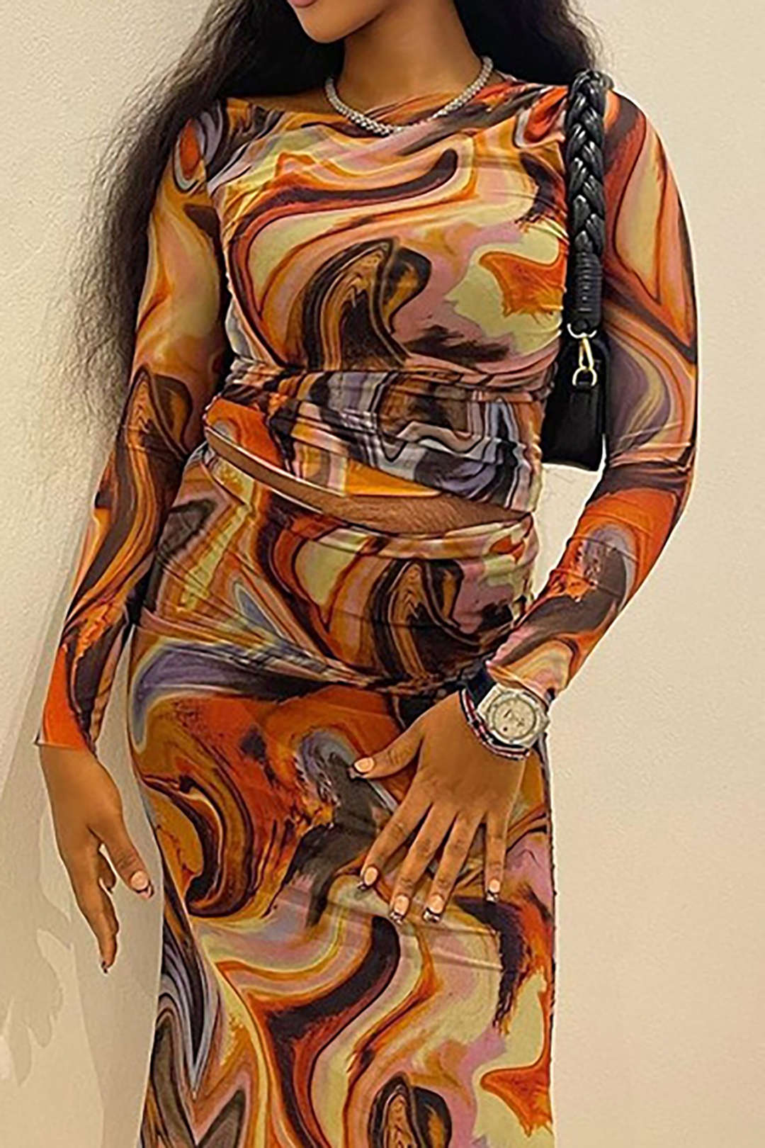 Abstract Print Asymmetric Long Sleeve Crop Top And Midi Skirt Set