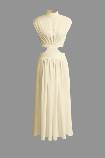 Mock Neck Cut Out Pleated Maxi Dress