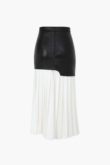 Contrast Pleated Faux Leather Midi Skirt