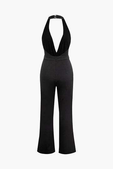 Deep V-Neck Halter Backless Ruched Jumpsuit