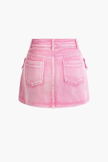 Belt Detail Flap Pocket Denim Mini Skirt