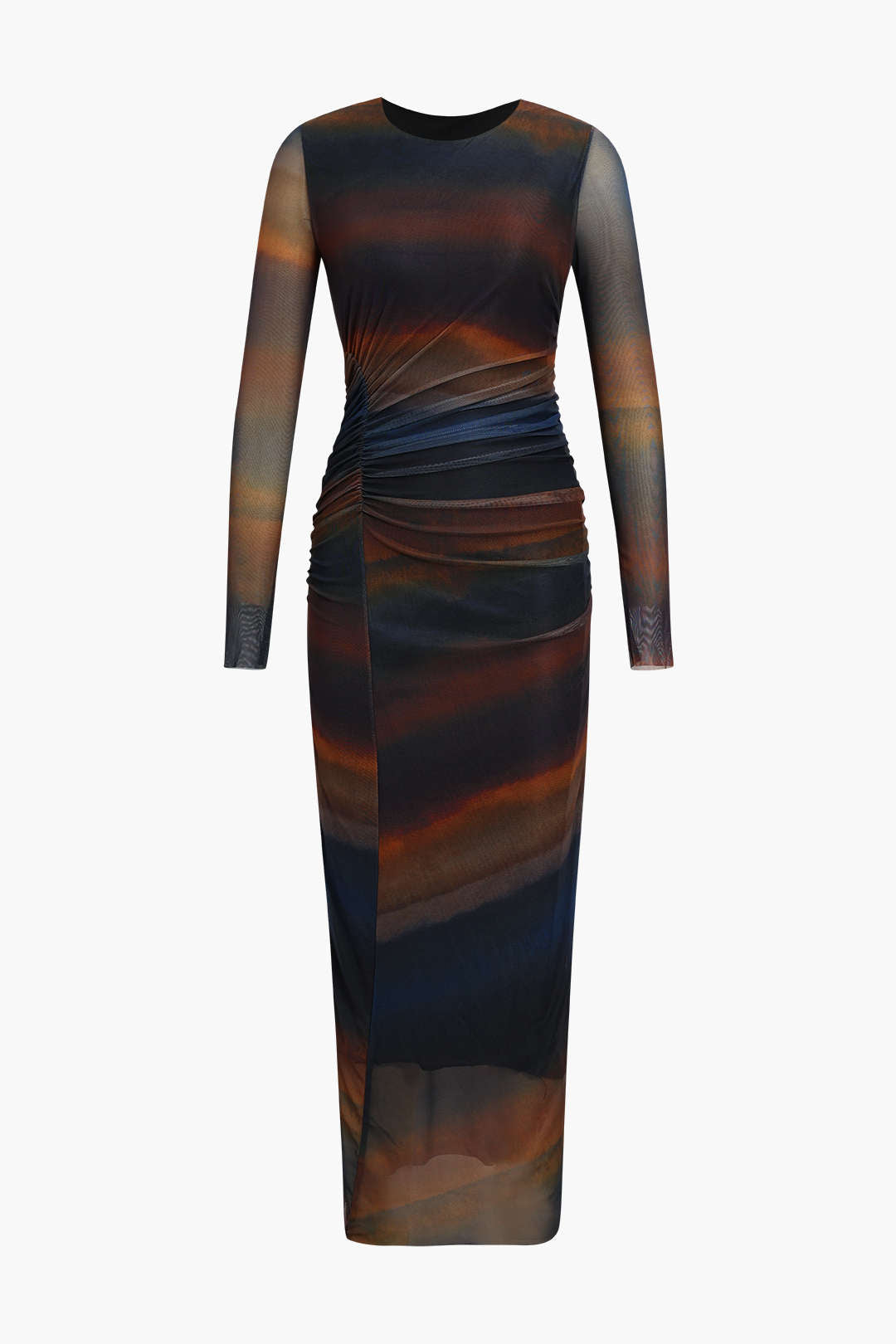 Tie Dye Ruched Detail Mesh Midi Dress