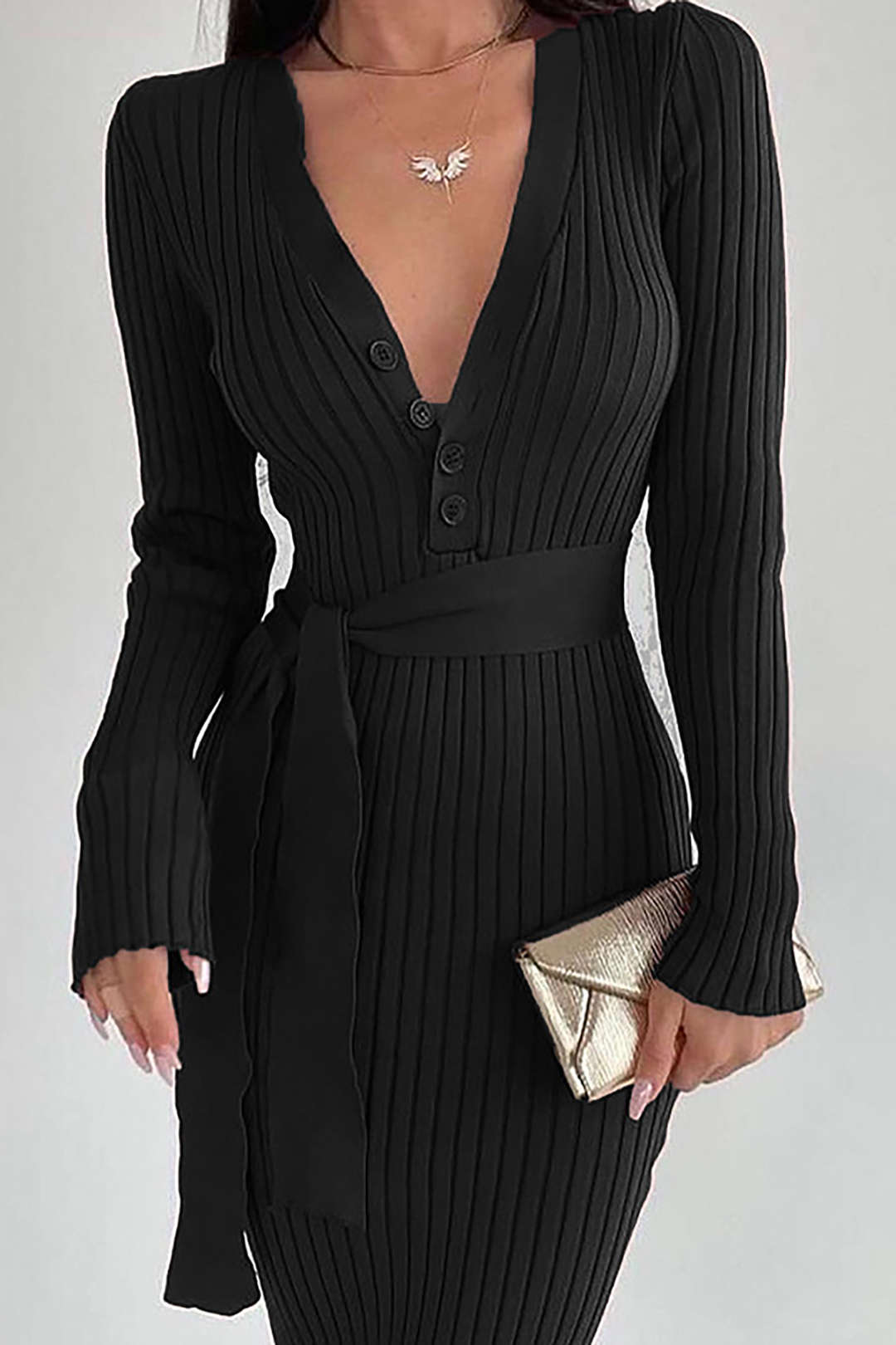 V Neck Button Up Long Sleeve Knit Maxi Dress