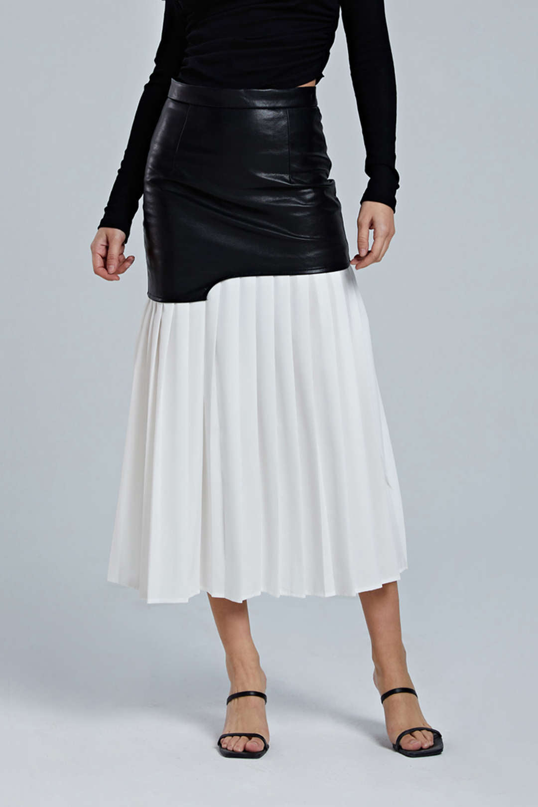 Contrast Pleated Faux Leather Midi Skirt