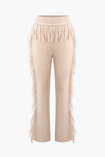 Fringe Detail Long Sleeve Knit Sweater And Knit Pants Set