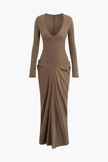 V-neck Ruched Detail Long Sleeve Maxi Dress