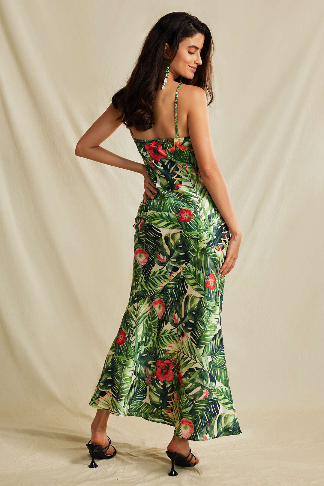 Botanical Print V-neck Slip Midi Dress