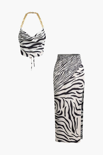 Zebra Print Chain Halter Cowl Neck Backless Top And Split Skirt Set