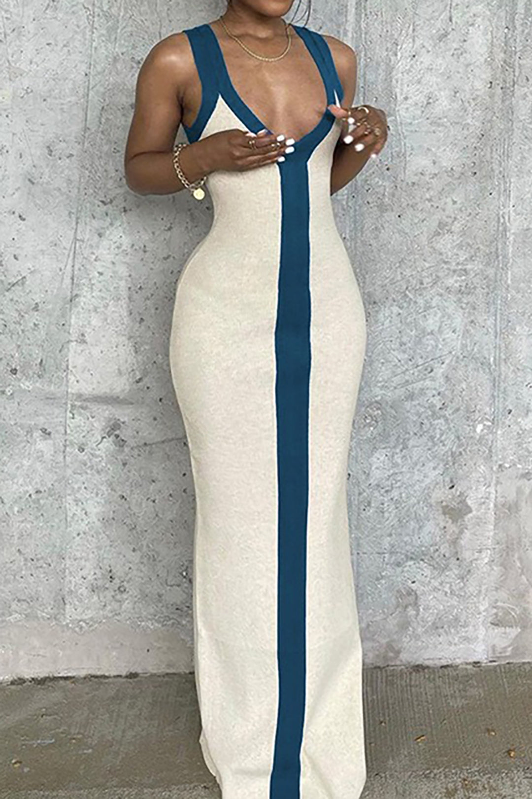 Colorblock V-neck Knit Split Maxi Dress