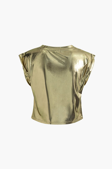 Metallic Rolled Cuff Knot Hem T-Shirt