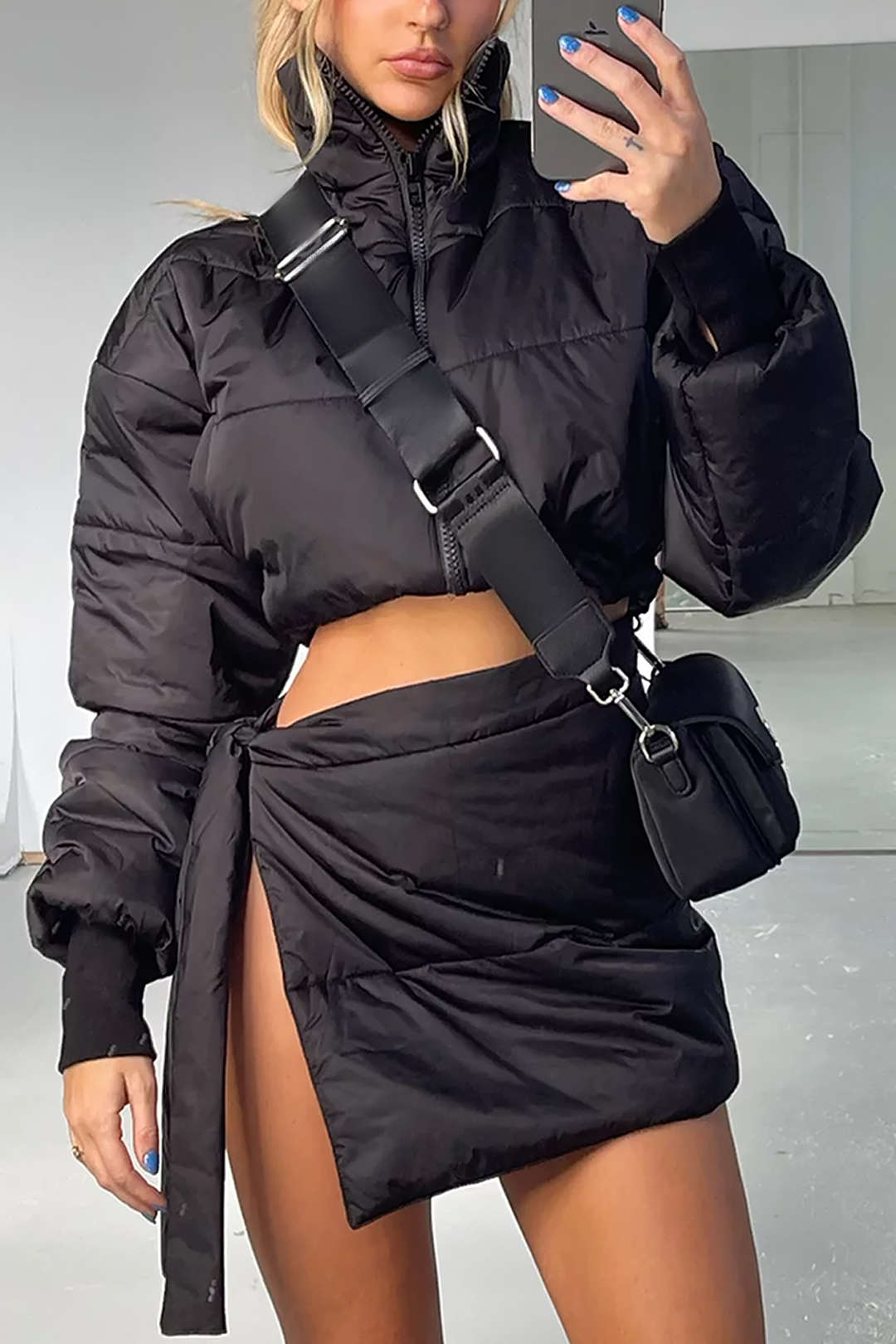 Stand Collar Zipper Puffer Crop Coat And Tie Wrap Mini Skirt