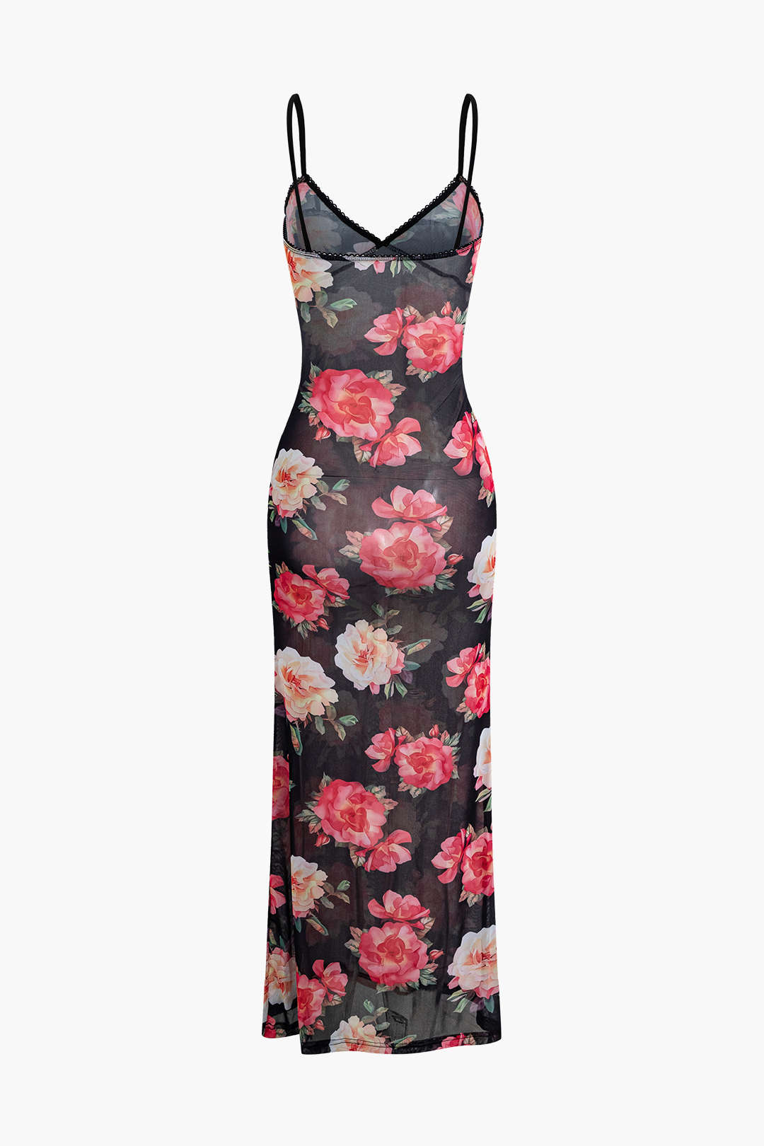 Floral Print Sheer Mesh Cami Maxi Dress