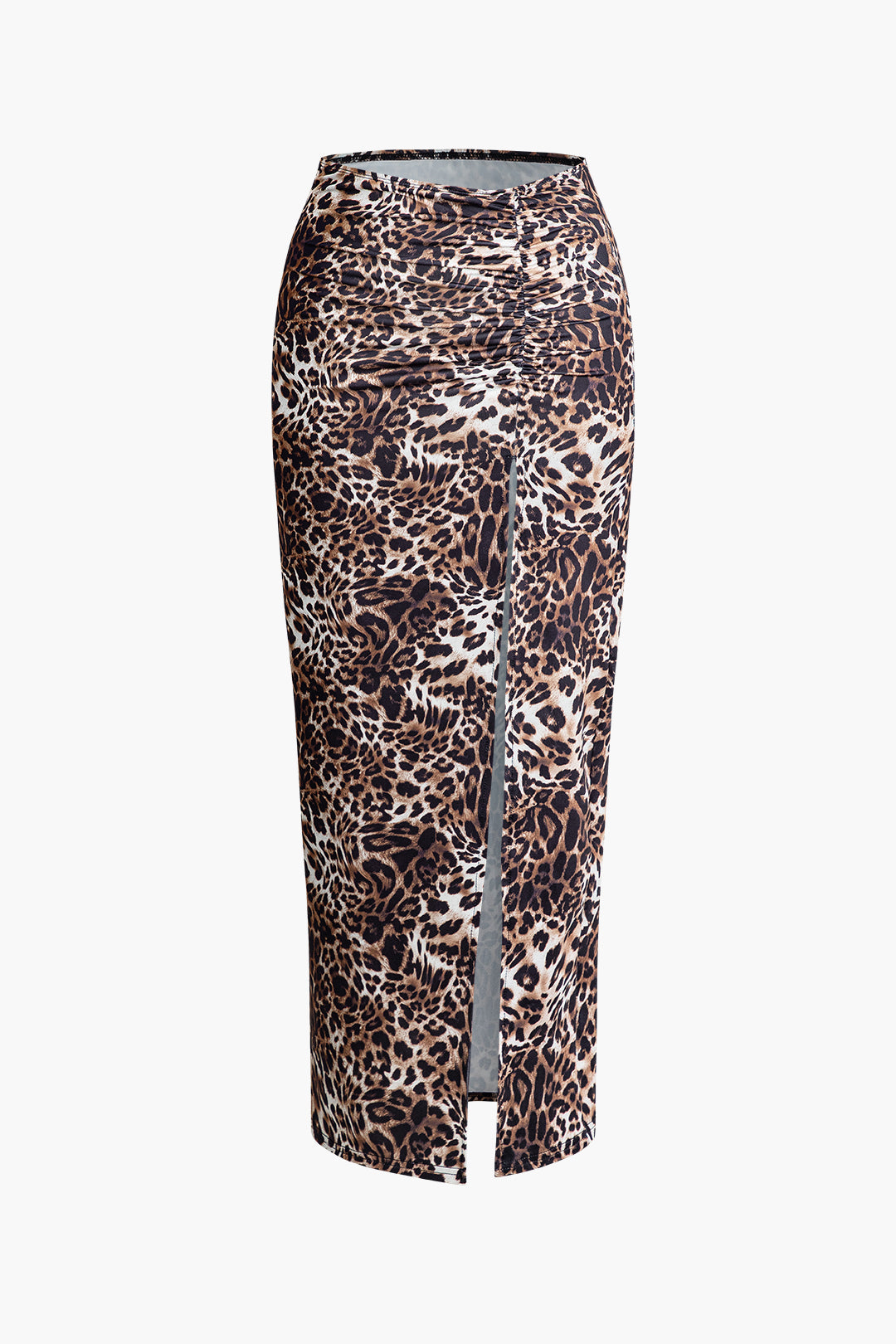 Leopard Print One Shoulder Crop Top And Ruched Slit Skirt Set