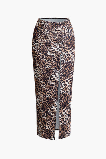 Leopard Print One Shoulder Crop Top And Ruched Slit Skirt Set