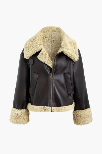 Faux Fur Leather Shearling Zip Up Jacket