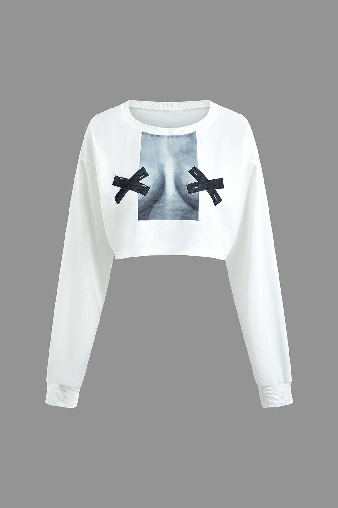 Body Print Round Neck Long Sleeve Crop Top