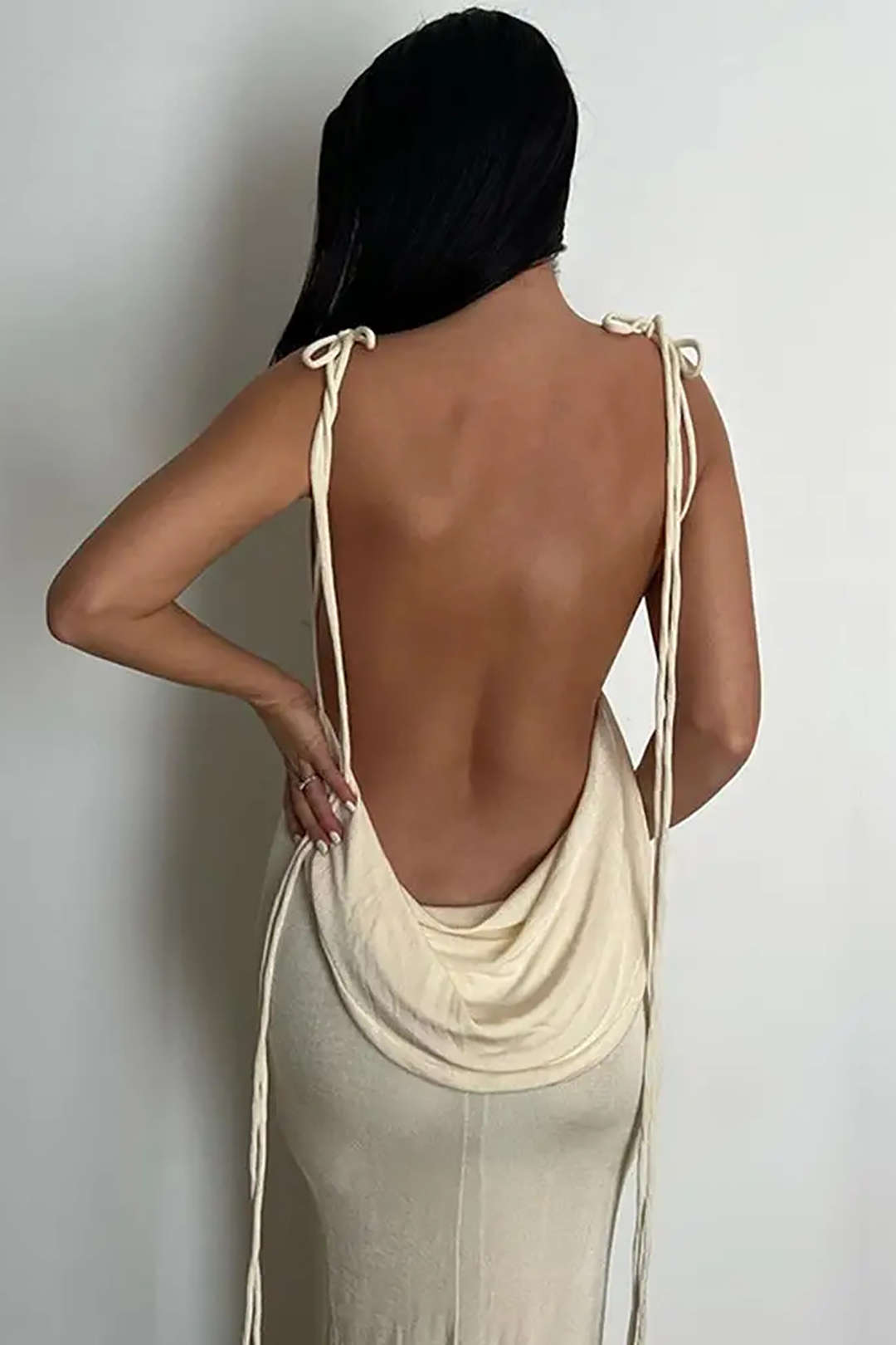 Cowl Neck Backless Tie Maxi Dress