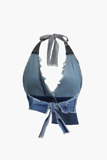 Contrast Frayed Tie Halter Denim Vest