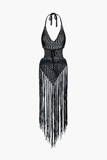 Fringe Tie Halter Hollow Out Backless Cover Up