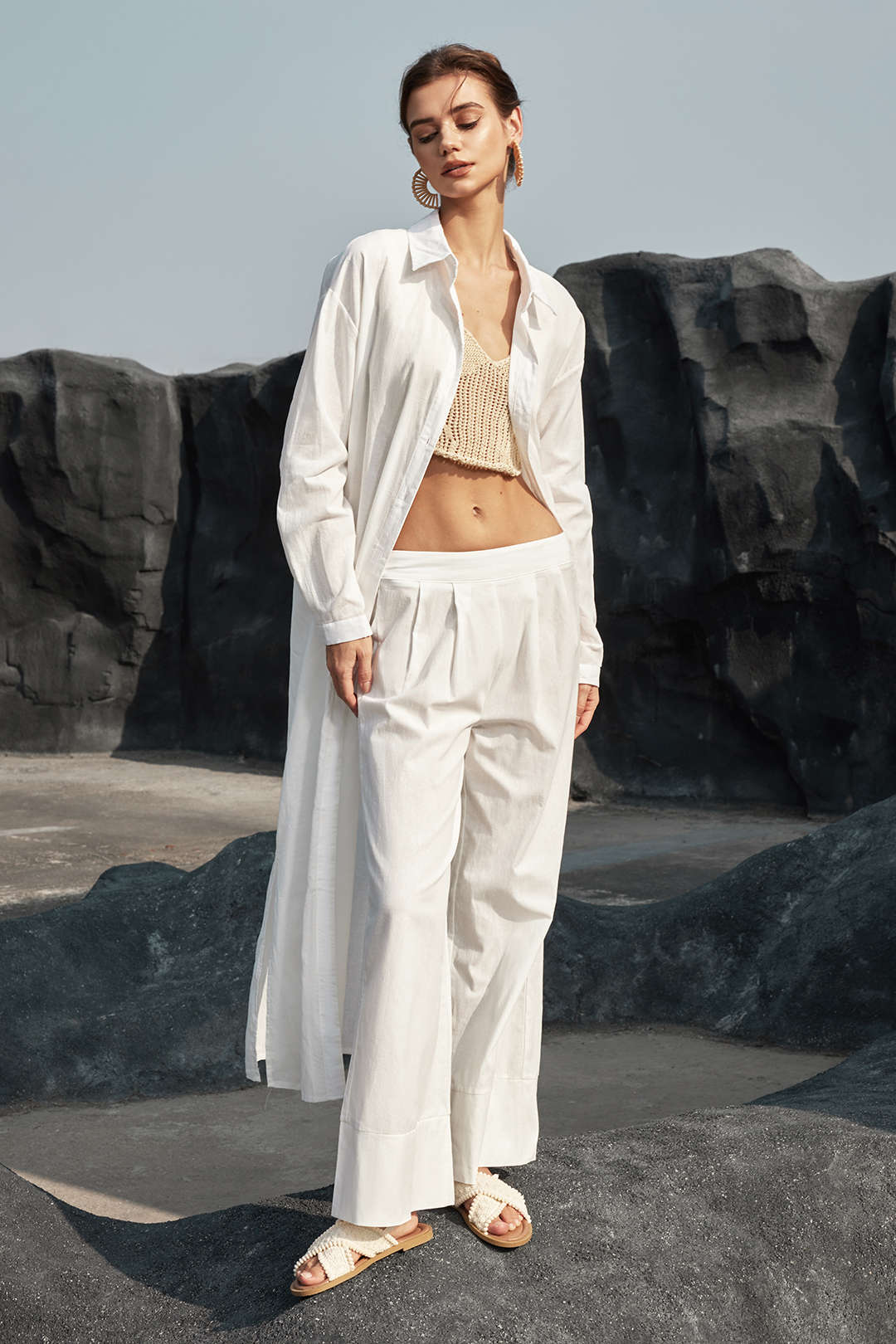 Solid Square Neck Tank Top And Pleated Wide Leg Pants Set