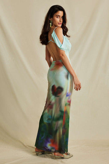 Tie Dye Mesh Backless Asymmetric Cowl Neck Maxi Dress