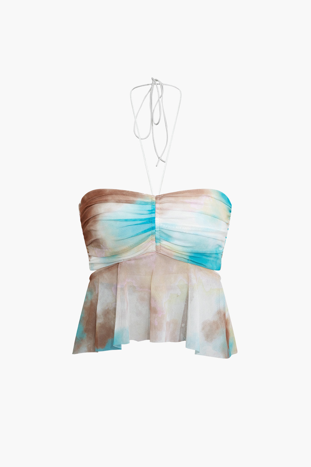 Tie Dye Ruched Mesh Halter Tank Top