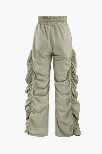 Gathered Drawstring Wide Leg Cargo Pants