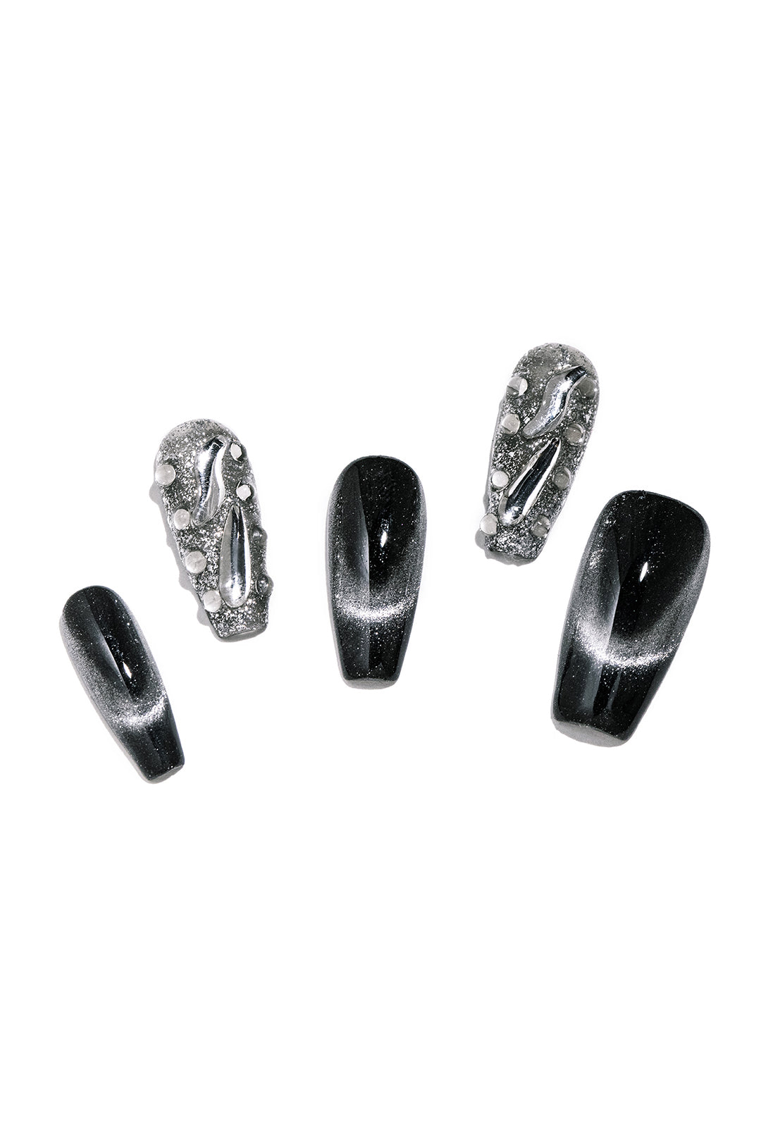 Rhinestone Embellished Cat Eye Coffin Shape Handmade Nail Art