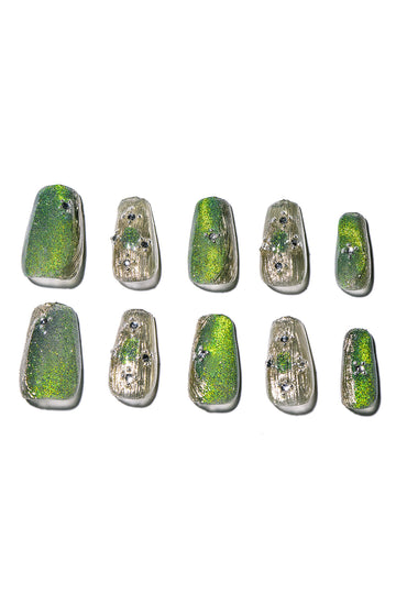 Crystal Cat Eye Glossy Coffin Shape Handmade Nail Art