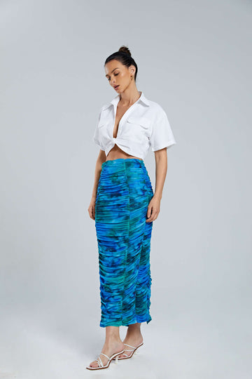 Abstract Print Gathered Slit Midi Skirt