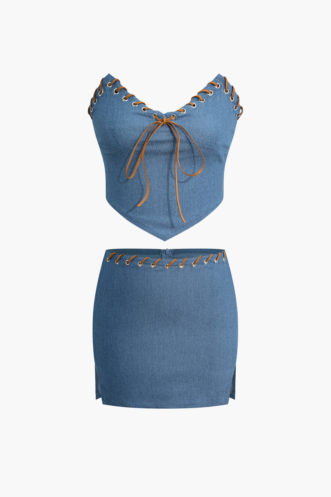 Laced Denim Crop Top & Skirt Set