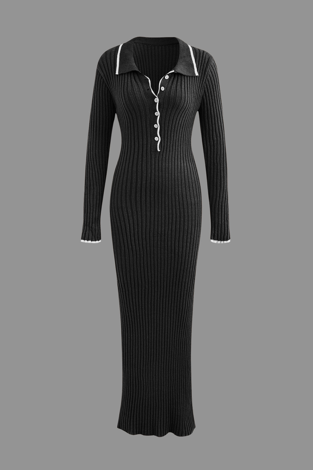 Collar Button Long Sleeve Knit Maxi Dress