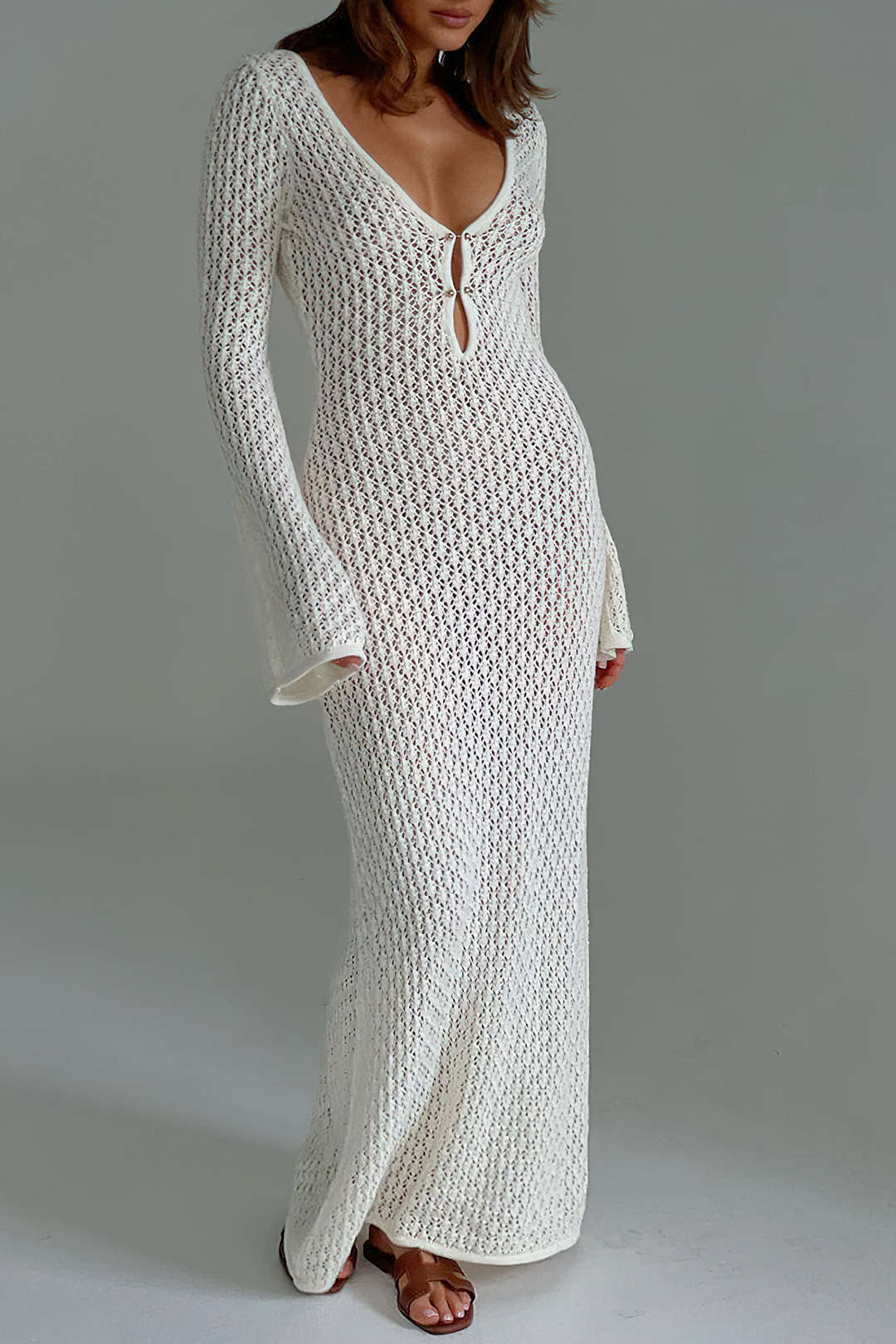 V-neck Open Knit Long Sleeve Maxi Dress