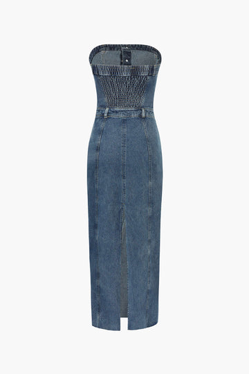 Denim Strapless Back Slit Midi Dress