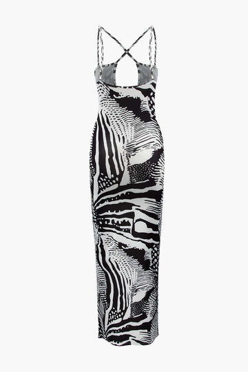 Printed Cross Strap Cut Out Maxi Dress