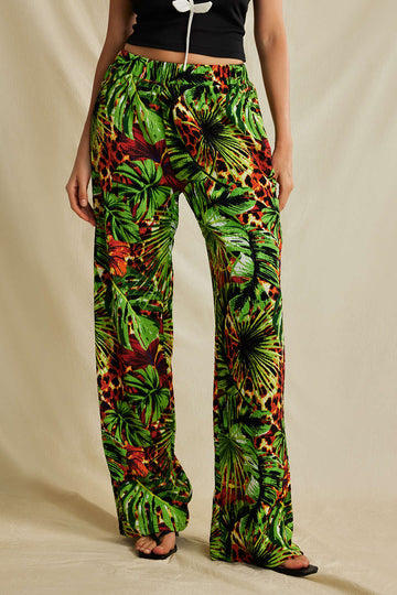 Palm Leaf Print Elastic Straight Leg Pants